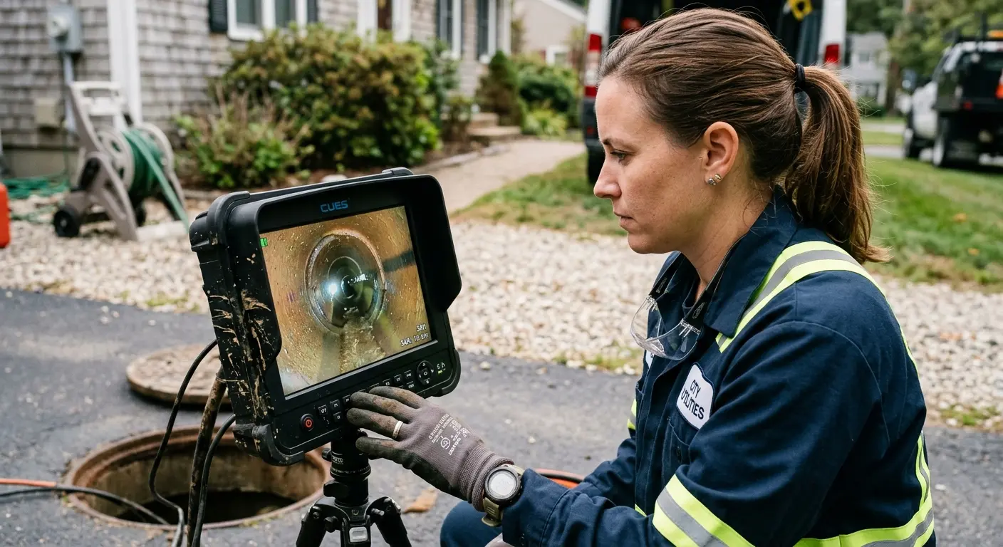 Technician reviewing sewer camera inspection footage in Piedmont