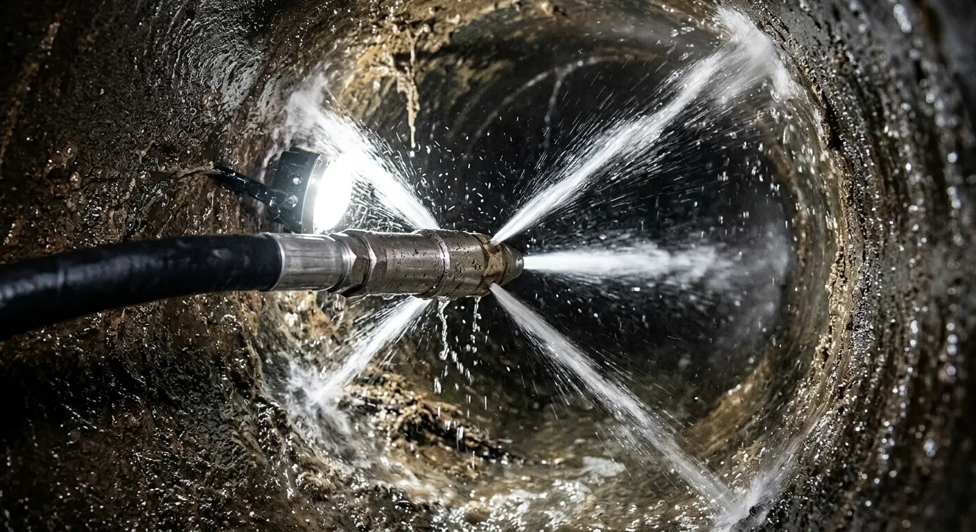 High-pressure hydro jetting nozzle cleaning sewer pipe for Emergency Drain Service in Piedmont